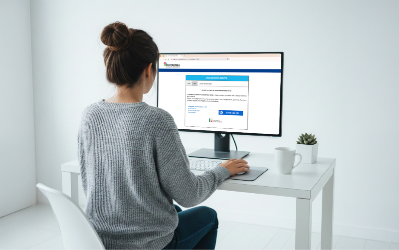 Una donna vista di spalle seduta a una scrivania bianca minimalista mentre utilizza un computer. Sul monitor è visibile la pagina di accesso all'Area Riservata di Previdenza Cooperativa, con l'opzione di login tramite CIE (Carta di Identità Elettronica). L'ambiente è luminoso e professionale, completato da una tazza bianca e una piccola pianta sulla scrivania.