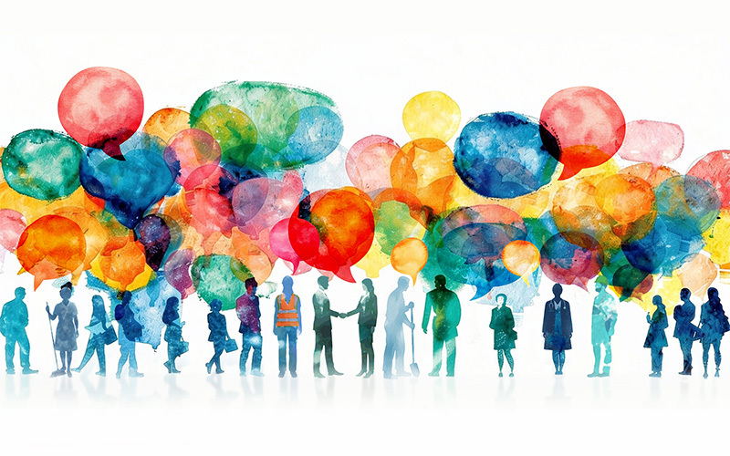 Un'illustrazione in stile acquerello che mostra una fila di sagome di lavoratori di diversi settori sormontate da numerose bolle di conversazione colorate e sovrapposte, a simboleggiare il dialogo e la collettività.