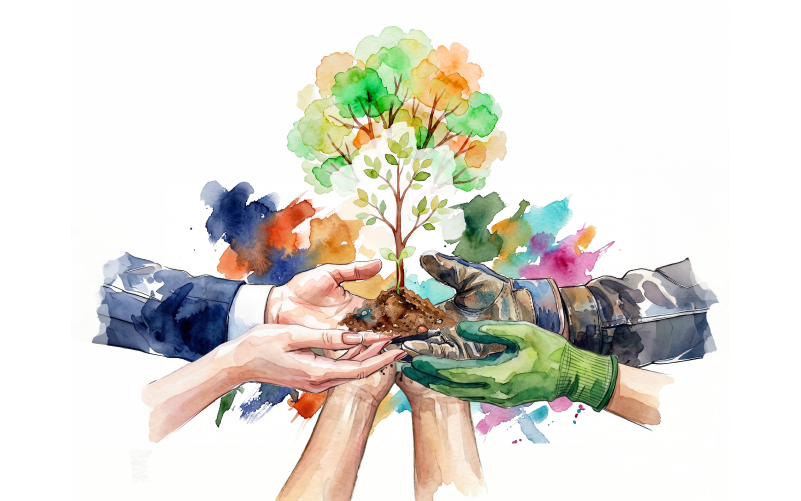 Un'illustrazione ad acquerello vivace e simbolica che raffigura diverse mani (con guanti da lavoro, in completo business e nude) che sostengono insieme una zolla di terra da cui cresce un albero con chioma multicolore. Lo sfondo è composto da macchie astratte colorate, che evocano crescita, diversità e collaborazione.